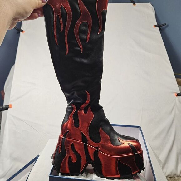 women’s side zipper high heeled Ref Flames printing thick sole boots high Sz6 - Picture 6 of 10